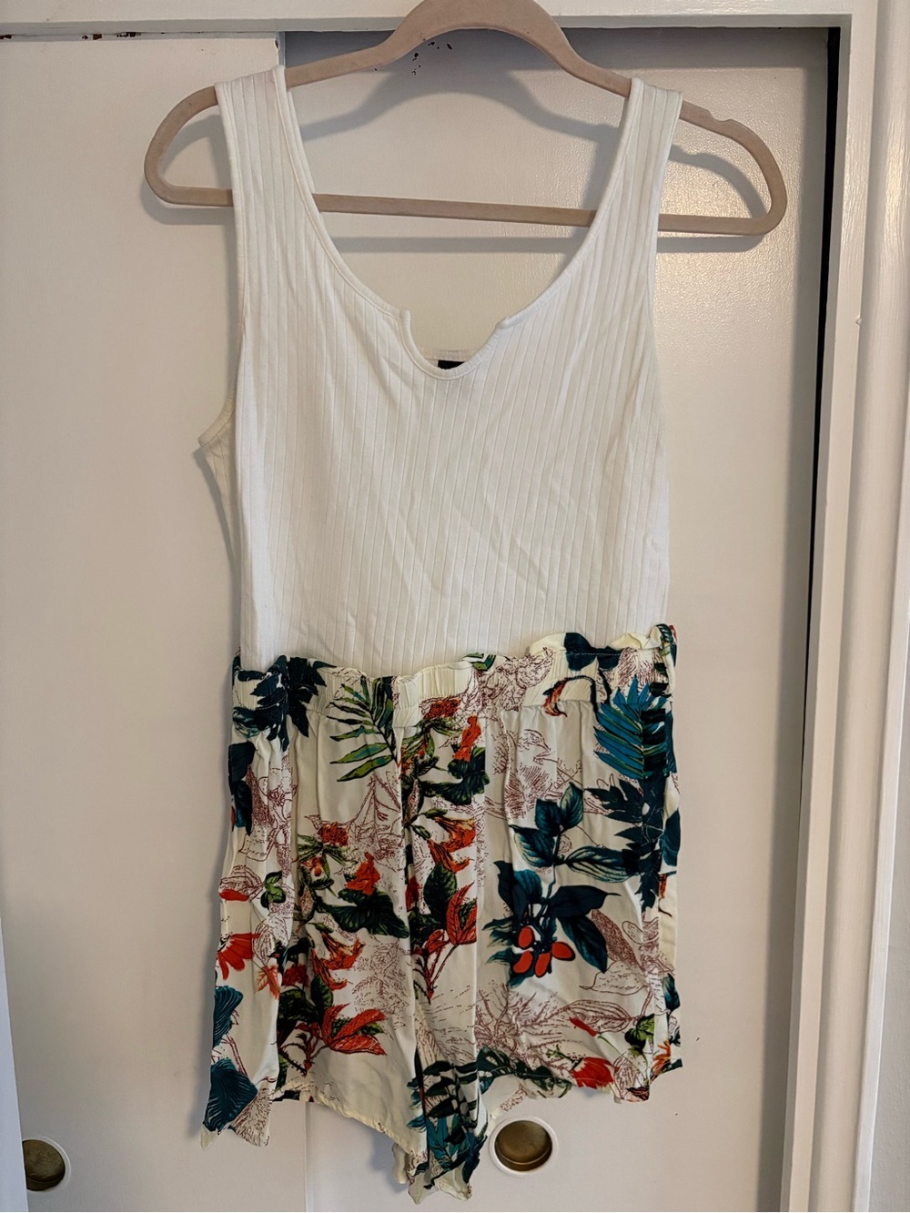Woman’s White Tank Romper with Tropical Floral Shorts